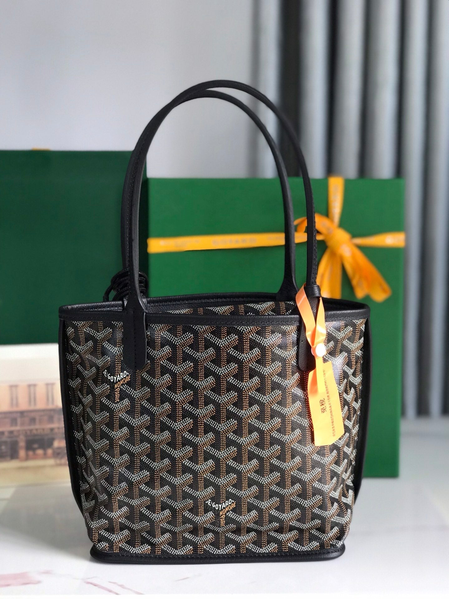 BOLSO ANJOU MINI 20 EN PIEL DE BECERRO NEGRA Y LONA GOYARDINE