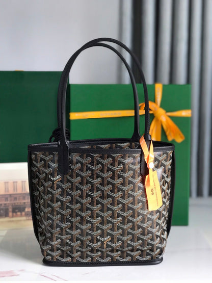 BOLSO ANJOU MINI 20 EN PIEL DE BECERRO NEGRA Y LONA GOYARDINE