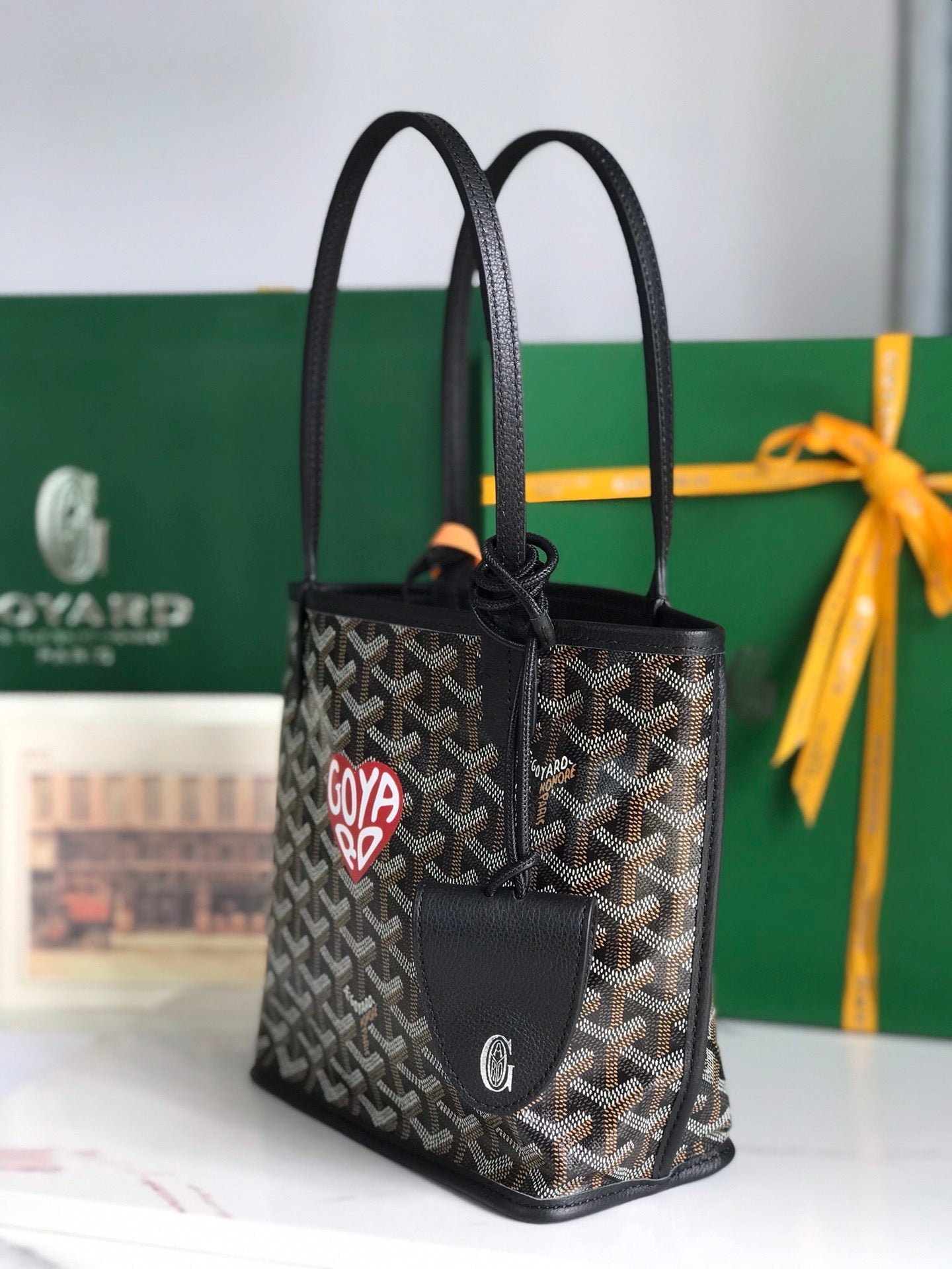 BOLSO ANJOU MINI 20 EN PIEL DE BECERRO NEGRA Y LONA GOYARDINE