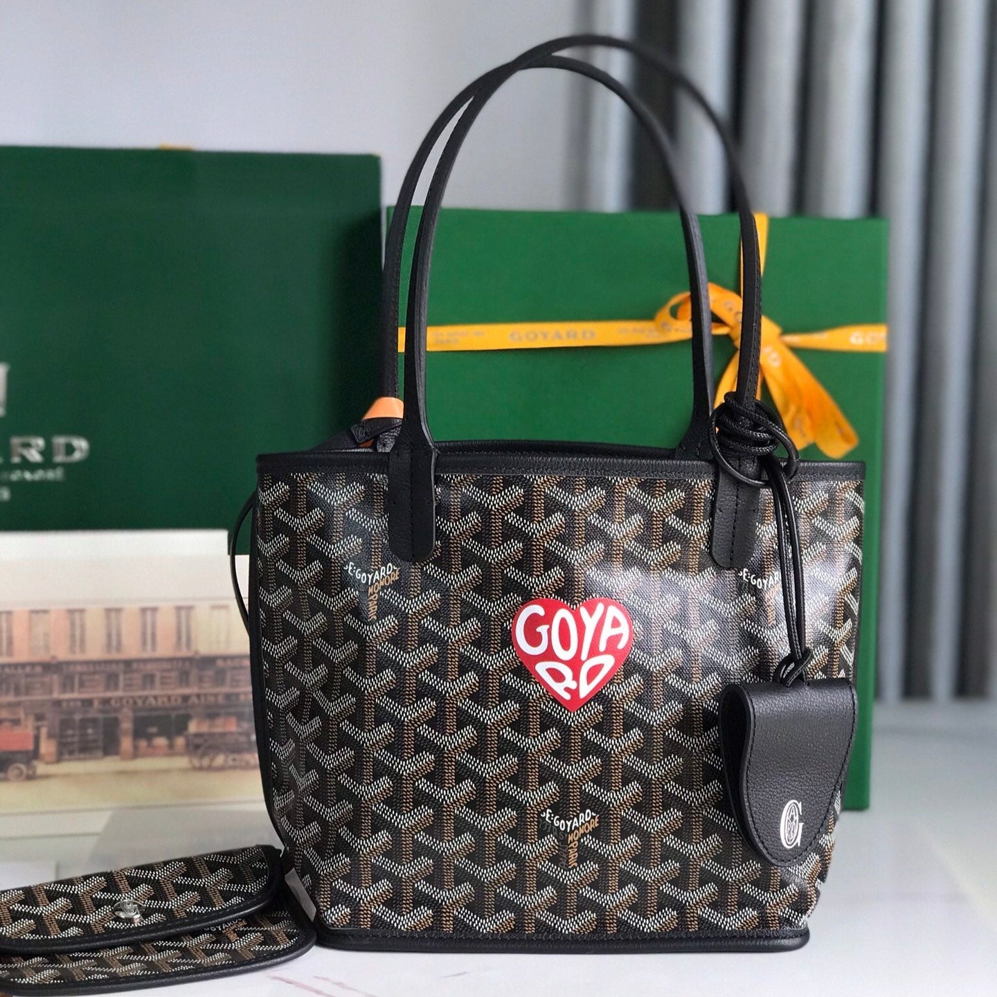 BOLSO ANJOU MINI 20 EN PIEL DE BECERRO NEGRA Y LONA GOYARDINE