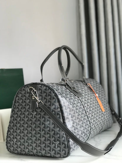 SAC BOSTON 50 EN TOILE GOYARDINE GRISE ET GARNITURES EN CUIR DE VEAU