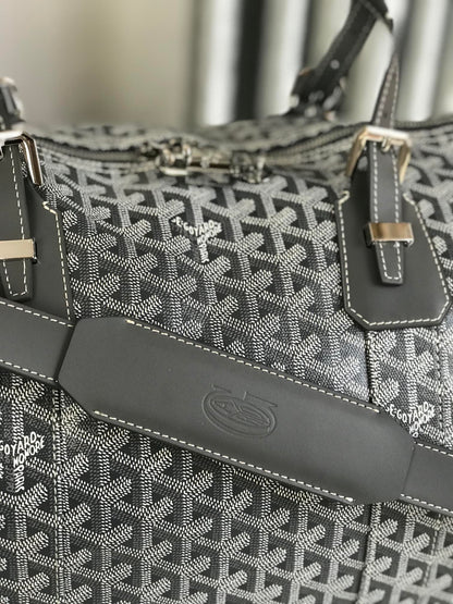 SAC BOSTON 50 EN TOILE GOYARDINE GRISE ET GARNITURES EN CUIR DE VEAU