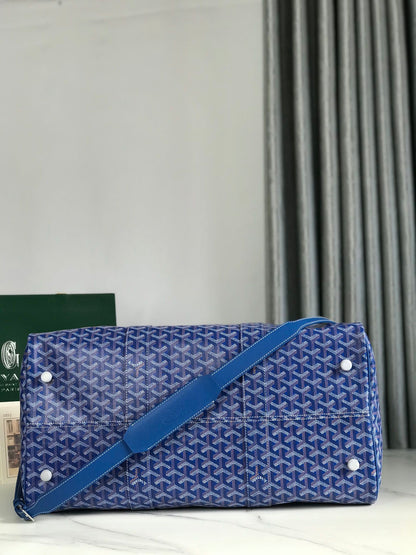 BOLSO BOSTON 50 EN LONA GOYARDINE AZUL ZAFIRO Y RIBETE DE PIEL DE BECERRO