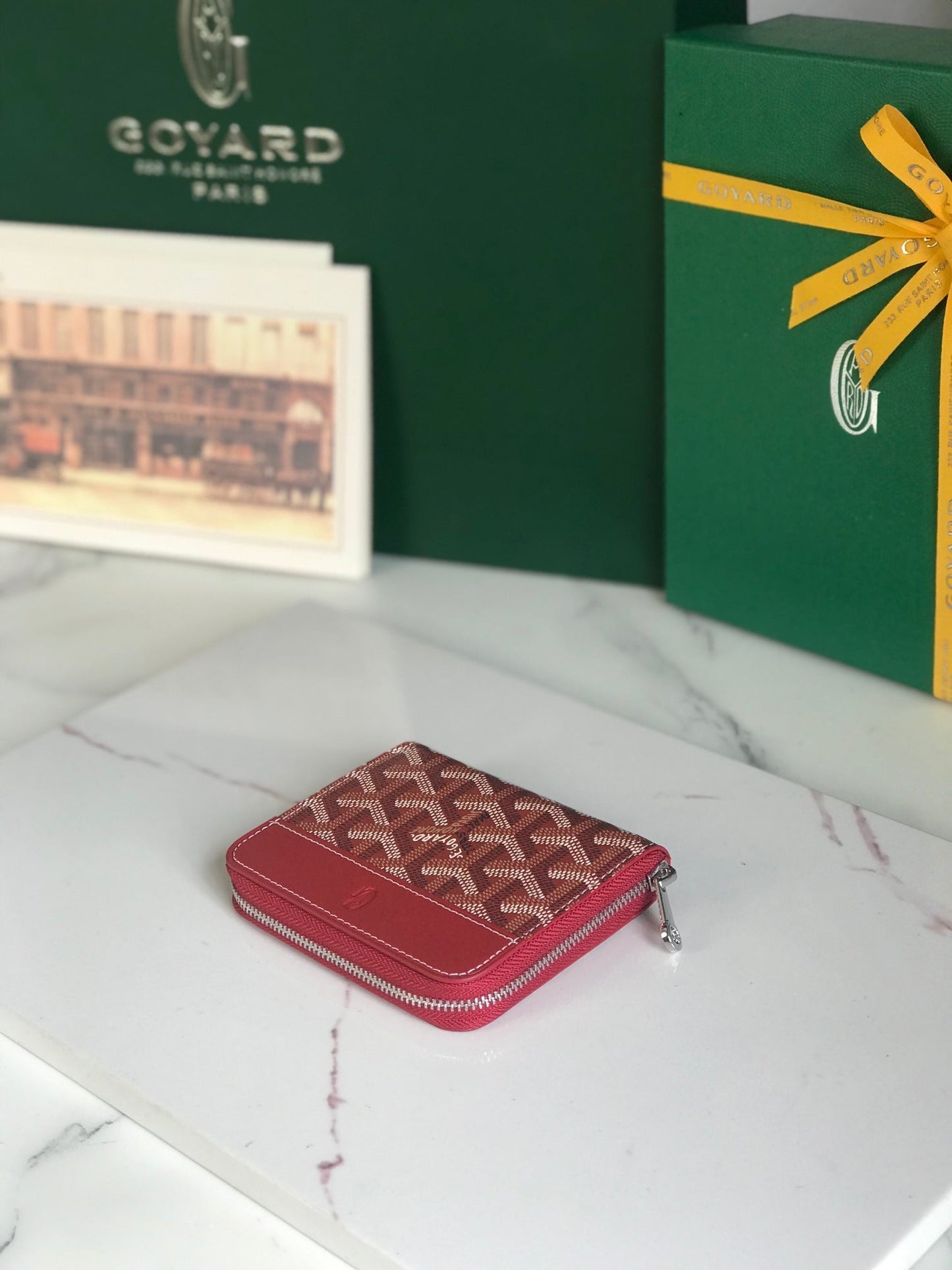 MATIGNON MINI PORTEFEUILLE 11 EN TOILE GOYARDINE ROUGE CLASSIQUE ET CUIR DE VEAU