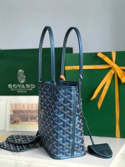 BOLSO ANJOU MINI 20 EN PIEL DE BECERRO AZUL MARINO Y LONA GOYARDINE