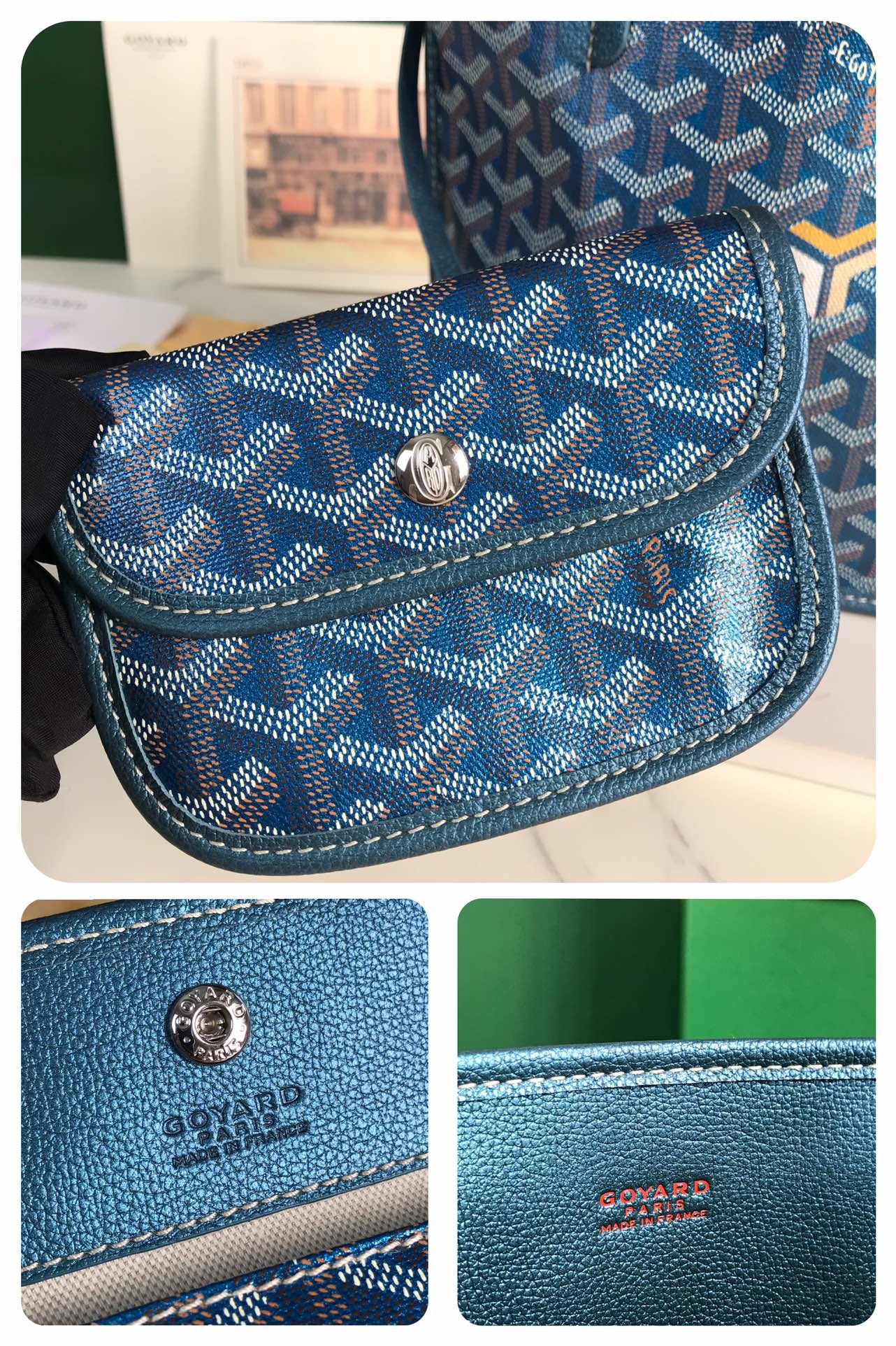 BOLSO ANJOU MINI 20 EN PIEL DE BECERRO AZUL MARINO Y LONA GOYARDINE