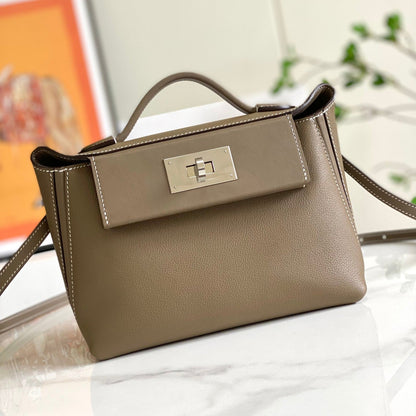 Bolso mini HM 24/24 de 21 cm, piel Etoupe Evercolor, herrajes plateados