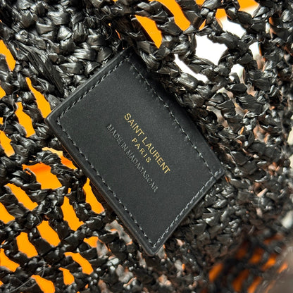 YSL OXALIS 37CM BLACK  RAFFIA TAN CALFSKIN