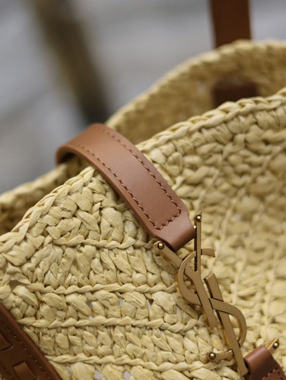 YSL MEDIUM 44CM PANIER BEIGE RAFFIA TOTE BAG