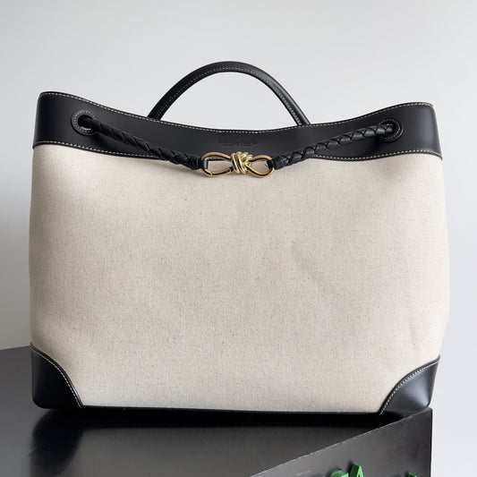 BV Large Andiamo 45 In Beige Canvas Black Calfskin 209025