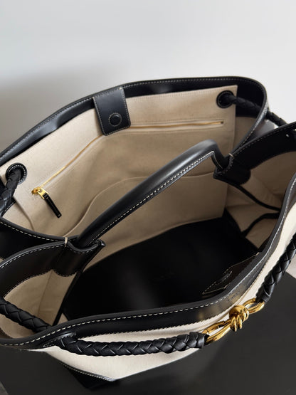 BV Large Andiamo 45 In Beige Canvas Black Calfskin 209025