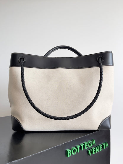 BV Large Andiamo 45 In Beige Canvas Black Calfskin 209025