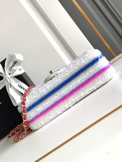 MINI SAC À MAIN CLASSIQUE 20 EN TWEED BLANC BRODÉ À PAILLETTES
