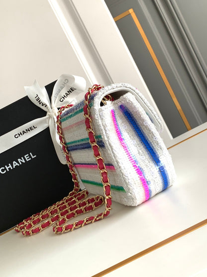 MINI SAC À MAIN CLASSIQUE 20 EN TWEED BLANC BRODÉ À PAILLETTES