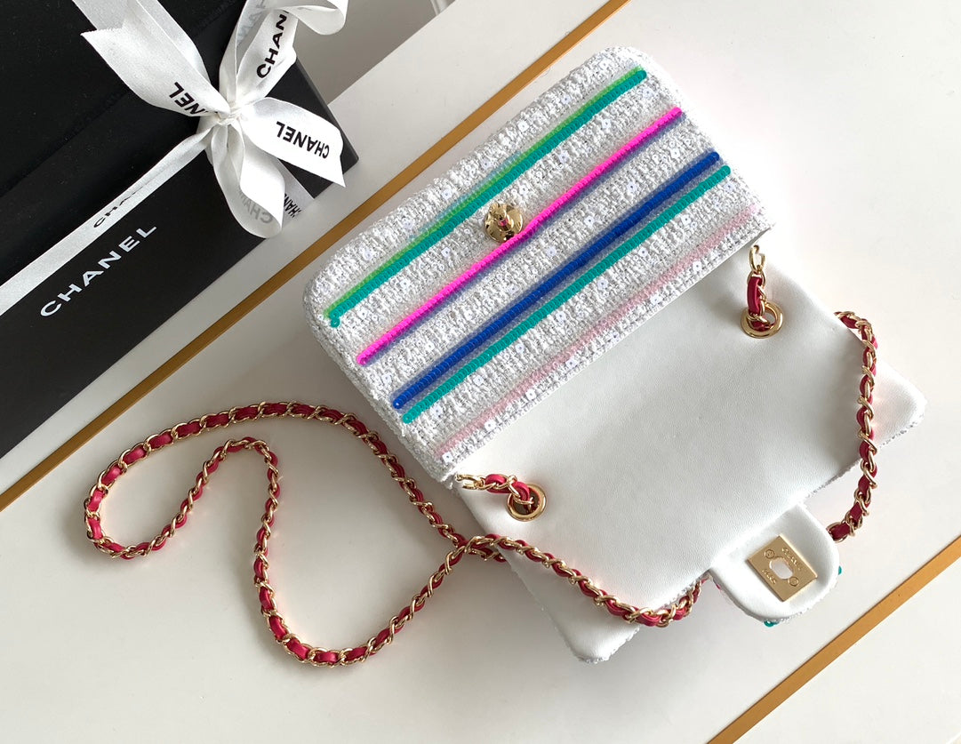 MINI SAC À MAIN CLASSIQUE 20 EN TWEED BLANC BRODÉ À PAILLETTES