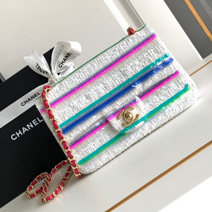MINI SAC À MAIN CLASSIQUE 20 EN TWEED BLANC BRODÉ À PAILLETTES