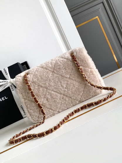 Flap Bag Small 23cm White Brown Sherling Lambskin Gold Hardware