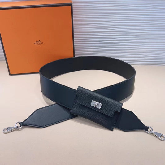 Correa de hombro Kelly Pocket de 50 mm con herrajes plateados y diseño negro Epsom 