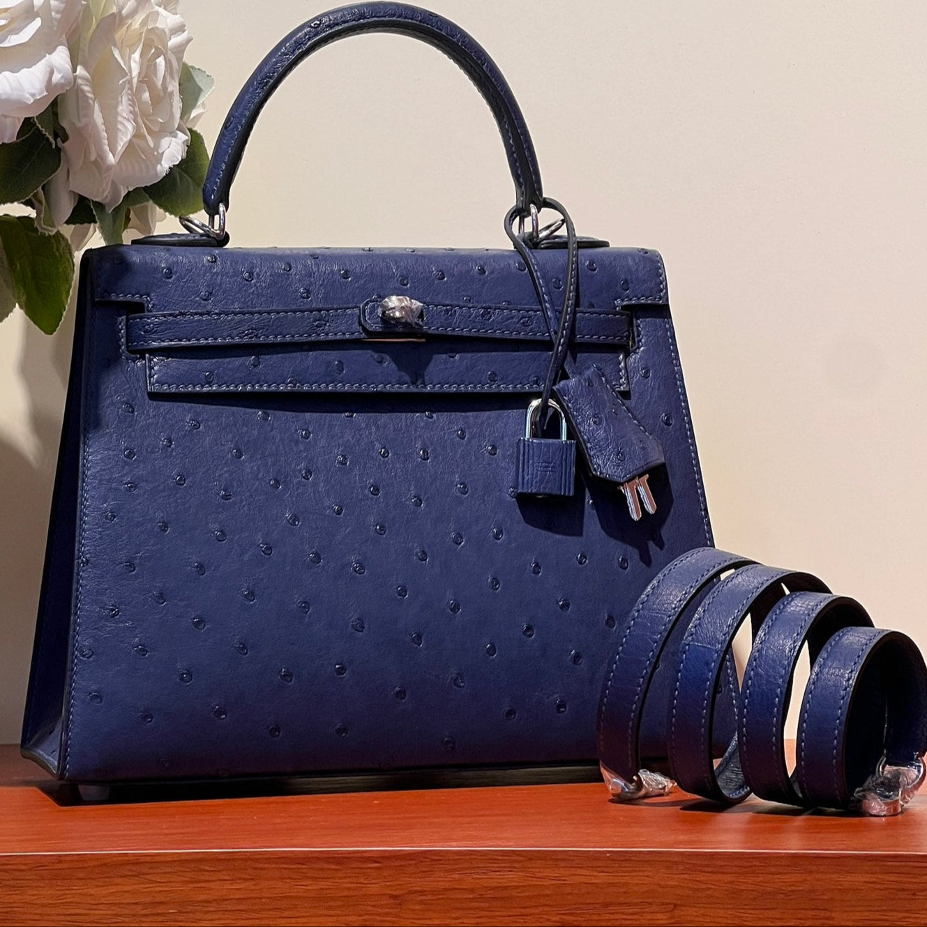 KELLY SELLIER 25 BAG IN NAVY BLUE OSTRICH LEATHER WITH SILVER HARDWARE (MADE - TO - ODER)