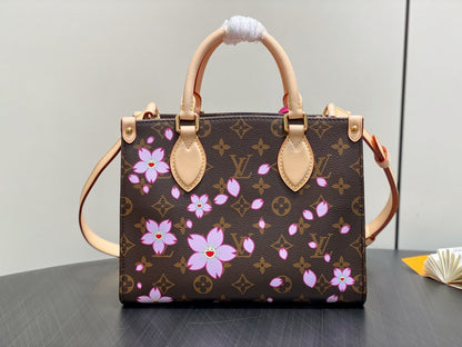 Sac à main LV x TM OnTheGo PM 25 cm en toile monogrammée Sakura Brown Cherry Blossom