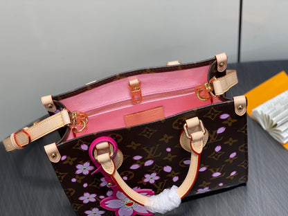 Sac à main LV x TM OnTheGo PM 25 cm en toile monogrammée Sakura Brown Cherry Blossom