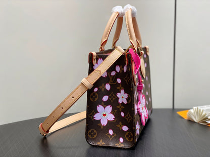 Sac à main LV x TM OnTheGo PM 25 cm en toile monogrammée Sakura Brown Cherry Blossom