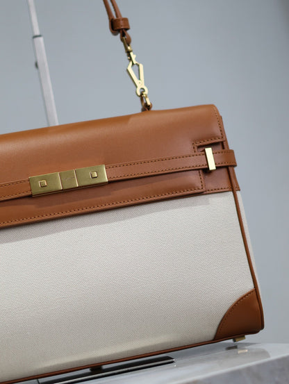 BOLSO MANHATTAN 32 EN PIEL DE BECERRO MARRÓN Y LONA BLANCA CON HERRAJES DORADOS