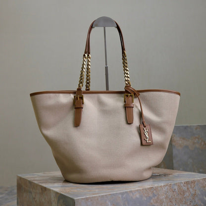 SAC CABAS 47 EN TOILE BLANCHE ET BORDURE EN CUIR MARRON, QUINCAILLERIE DORÉ
