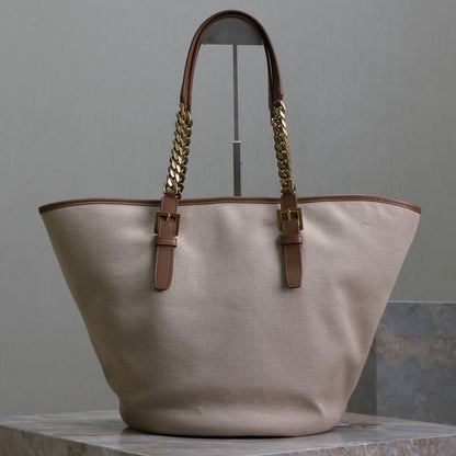SAC CABAS 47 EN TOILE BLANCHE ET BORDURE EN CUIR MARRON, QUINCAILLERIE DORÉ