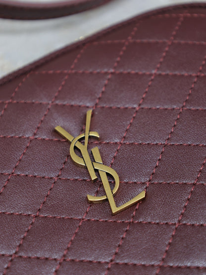 GABY ZIPPED POUCH 19 IN WINE RED QUILTED LAMBSKIN GOLD HARDWARE