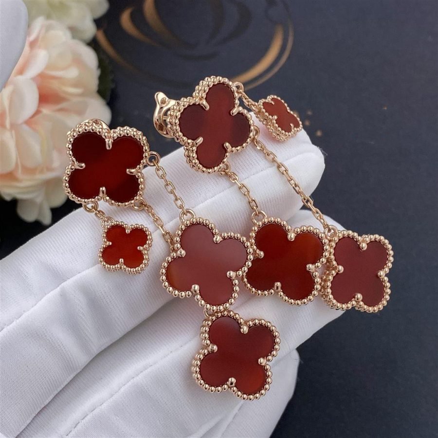 DIANA CLOVER EARRINGS CARNELIAN 4 MOTIFS PINK GOLD
