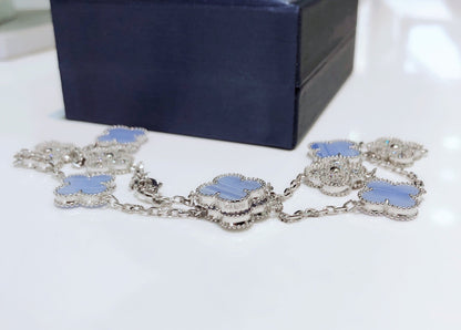 DIANA CLOVER 10 MOTIFS CHALCEDONY DIAMONDS SILVER NECKLACE