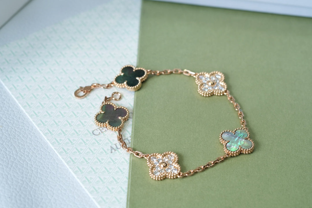 DIANA CLOVER 5 MOTIFS DARK MOP AND DIAMONDS PINK GOLD BRACELET