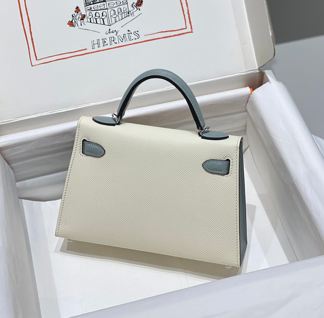 HM KELLY MINI 20 BLANCO GLACIER GRIS EPSOM HERRAJES PLATEADOS