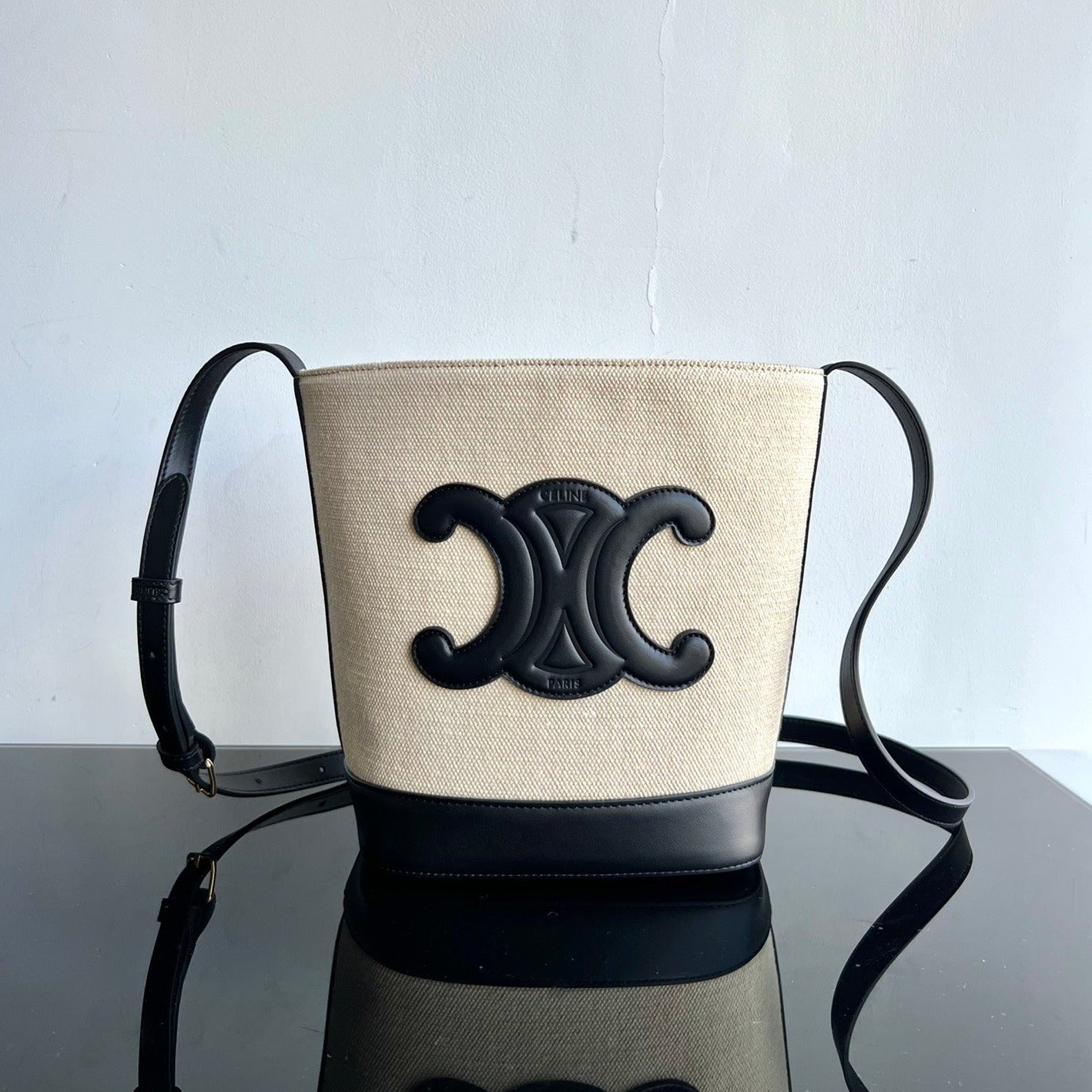 CUBO PEQUEÑO CUIR TRIOMPHE 24CM EN TEXTIL RAYAS Y PIEL DE BECERRO NEGRA