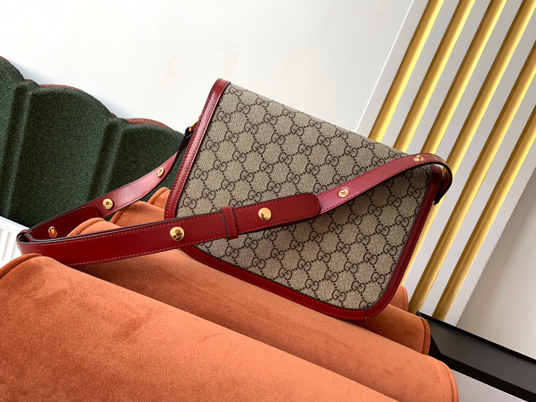 GG 1955 Horsebit Bag 25cm Red Leather Beige Canvas Gold Hardware